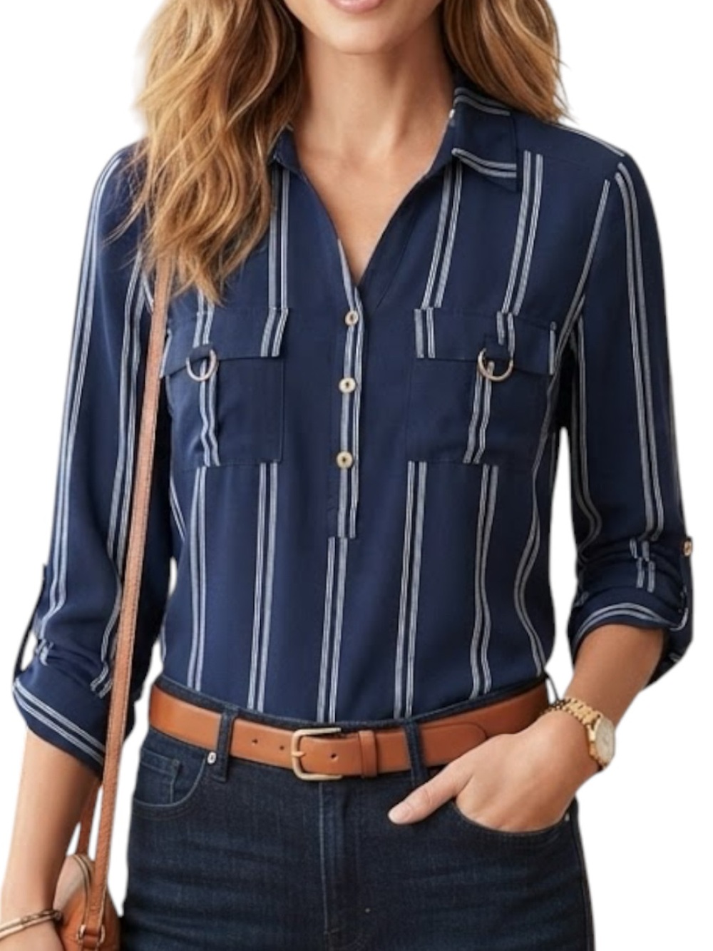 MINE Pinstripe Button Down Blouse With Adjustable Sleeve Length Navy Blue Medium